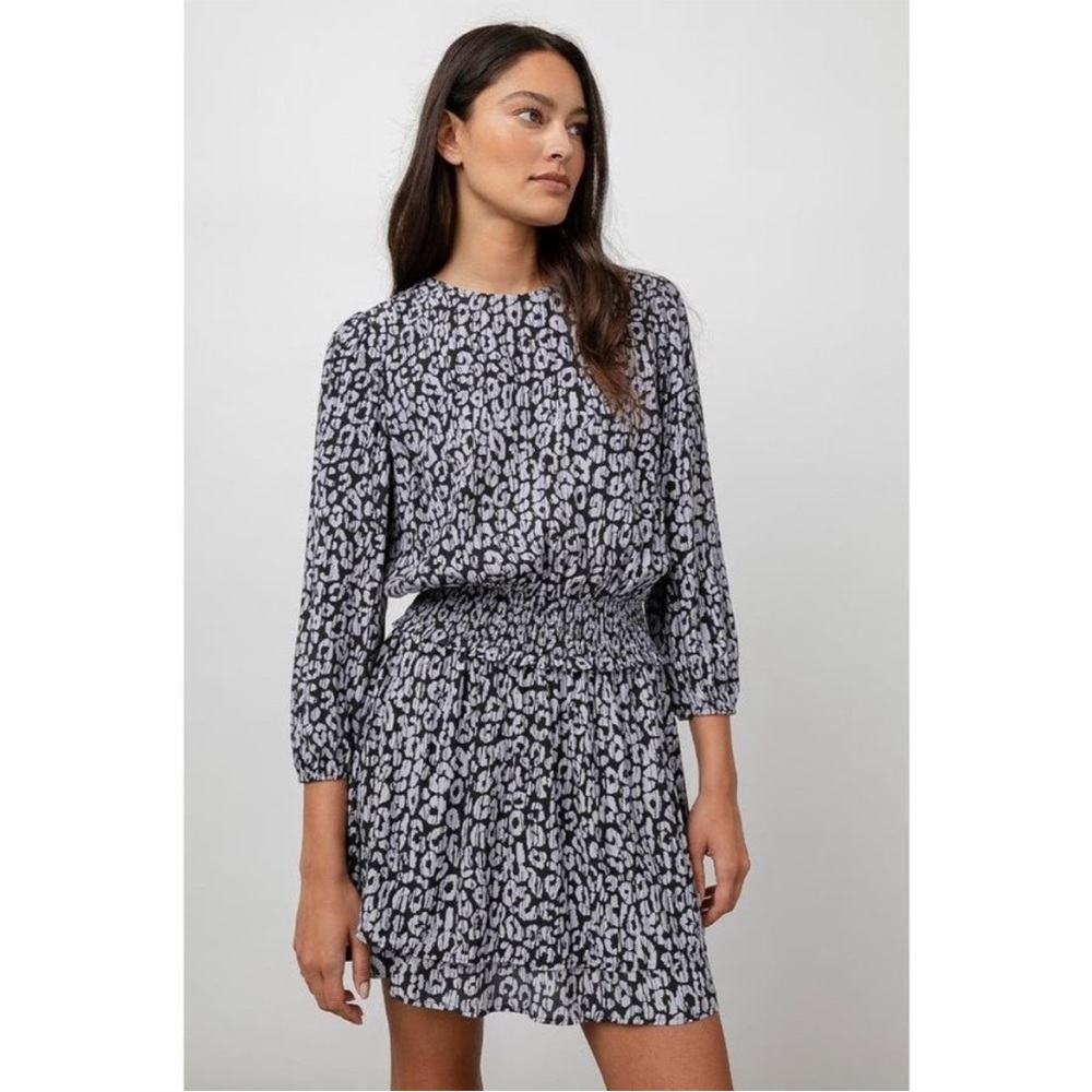 Rails Inez Black Batik Cheetah Print Smocked Dress Layers Pleated 3/4 Sleeve M